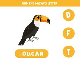 Find missing letter with cartoon toucan. Spelling worksheet. vector