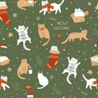 Navidad gatos sin costura modelo. vector gracioso mascotas en el invierno fiesta a hogar. verde nuevo año hora repetir fondo, fondo de pantalla, paquete diseño, envolver papel, textil. gatito secreto vida concepto.