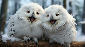 photo of heart-melting two Snowy Owls with an emphasis on expression of love. Generative AI