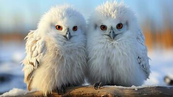 photo of heart-melting two Snowy Owls with an emphasis on expression of love. Generative AI