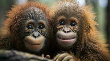 photo of heart-melting two Orangutans with an emphasis on expression of love. Generative AI