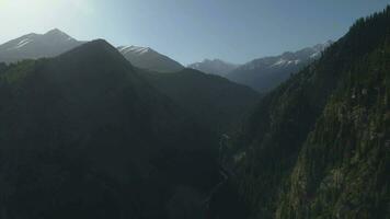 vert collines et neigeux montagnes dans ensoleillé Matin. aérien voir. drone est en volant de côté et ascendant plus de ravin. établissement coup video