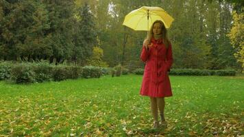 Jeune svelte femme dans rouge manteau avec Jaune parapluie est en marchant sur une pelouse avec déchue feuilles dans parc dans pluvieux journée vers caméra. lent mouvement. caméra en mouvement. steadicam tir. video