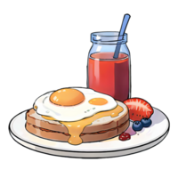 frukost uppsättning med rostat bröd ägg juice hand dragen tecknad serie stil illustration ai genererad png