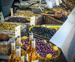 Delicious fresh olives at the street market photo