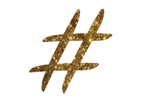 Gold glitter of isolated hand writing word HASHTAG symbol on transparent blackground png