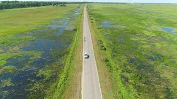 White car is going on a road in marshland. Drone is tracing the car. Aerial view. video