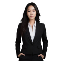 mujer de negocios vistiendo un negro traje con transparente antecedentes ai generativo png