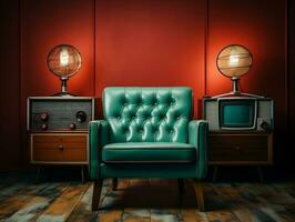 Vintage tv in a old living room with couch and tan chair AI Generative photo