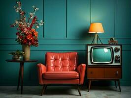 Vintage tv in a old living room with couch and tan chair AI Generative photo