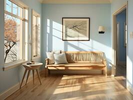 Hallway of a home with a piece of art canvas on the wall and a wooden bench AI Generative photo