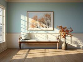 Hallway of a home with a piece of art canvas on the wall and a wooden bench AI Generative photo