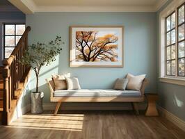 Hallway of a home with a piece of art canvas on the wall and a wooden bench AI Generative photo