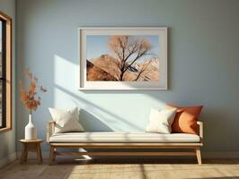 Hallway of a home with a piece of art canvas on the wall and a wooden bench AI Generative photo