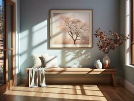 Hallway of a home with a piece of art canvas on the wall and a wooden bench AI Generative photo