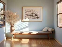 Hallway of a home with a piece of art canvas on the wall and a wooden bench AI Generative photo