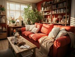 Modern living room in a house with red furniture AI Generative photo