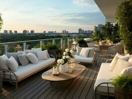 White furniture sets on a rooftop with greenery and city view AI Generative photo