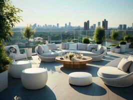 White furniture sets on a rooftop with greenery and city view AI Generative photo