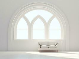 Modern white room with arching window and a chair AI Generative photo