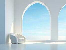 Modern white room with arching window and a chair AI Generative photo