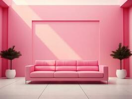 Brightly light pink colored walls with couch and canvas AI Generative photo