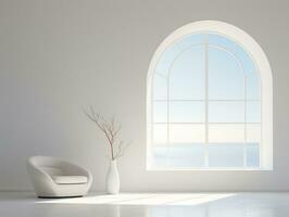 Modern white room with arching window and a chair AI Generative photo