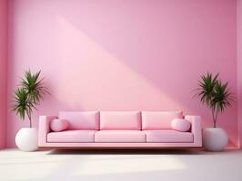 brillantemente ligero rosado de colores paredes con sofá y lona ai generativo foto