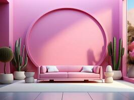 Brightly light pink colored walls with couch and canvas AI Generative photo