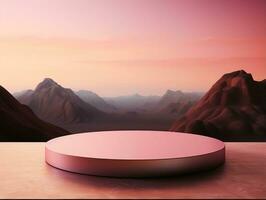 Blank pink podium with pink mountain scenery on a rock in the background AI Generative photo