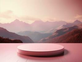 Blank pink podium with pink mountain scenery on a rock in the background AI Generative photo