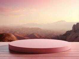 Blank pink podium with pink mountain scenery on a rock in the background AI Generative photo