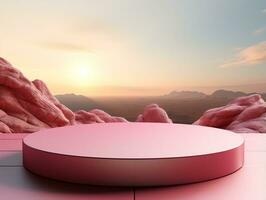 Blank pink podium with pink mountain scenery on a rock in the background AI Generative photo