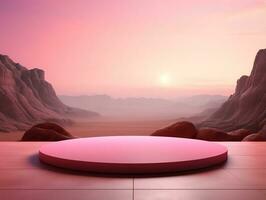 Blank pink podium with pink mountain scenery on a rock in the background AI Generative photo