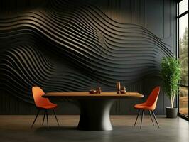 Abstract black wall panels modern luxury dining room with dining table and chairs AI Generative photo