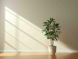 Modern empty room with a green plant in a planter AI Generative photo