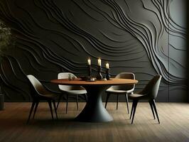 Abstract black wall panels modern luxury dining room with dining table and chairs AI Generative photo