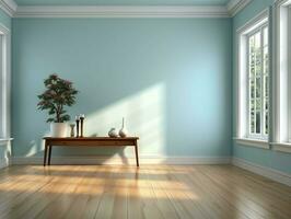 Empty blue room with wood floor and window AI Generative photo