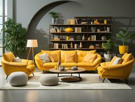 Yellow and grey living room with couches and chairs AI Generative photo