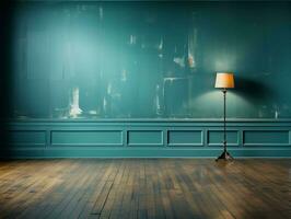 vacío azul habitación con madera piso y ventana ai generativo foto