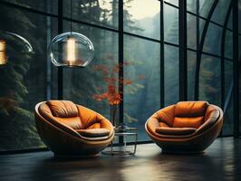 futurista dos sillas en un habitación por grande ventanas ai generativo foto