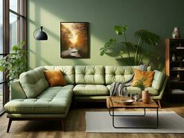 Modern style living room with green walls and green sofa AI Generative photo