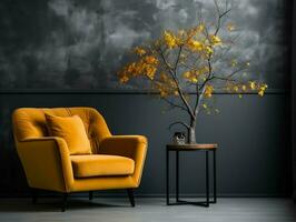 un amarillo silla es en frente de un gris pared con plantas ai generativo foto