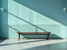 Modern empty blue room with a bench and sunrays shine AI Generative photo