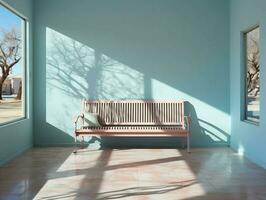 Modern empty blue room with a bench and sunrays shine AI Generative photo