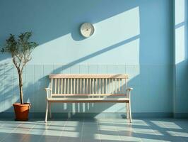 moderno vacío azul habitación con un banco y rayos de sol brillar ai generativo foto