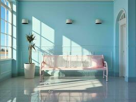 Modern empty blue room with a bench and sunrays shine AI Generative photo