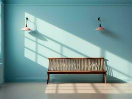 Modern empty blue room with a bench and sunrays shine AI Generative photo