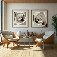 3D living room with two brown leather chairs and canvas posters AI Generative photo
