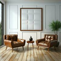 3D living room with two brown leather chairs and canvas posters AI Generative photo